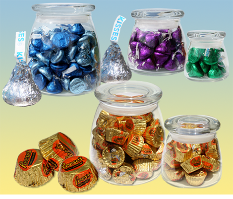 Kisses and Reeses Cups in glass containers 