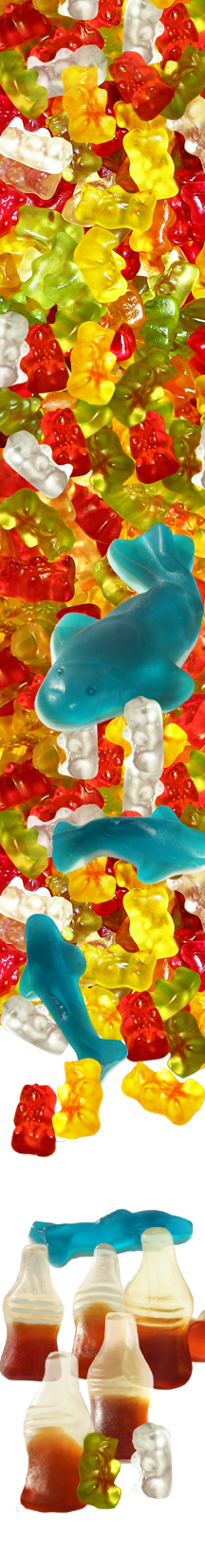 gummybears, sharks, coke bottles